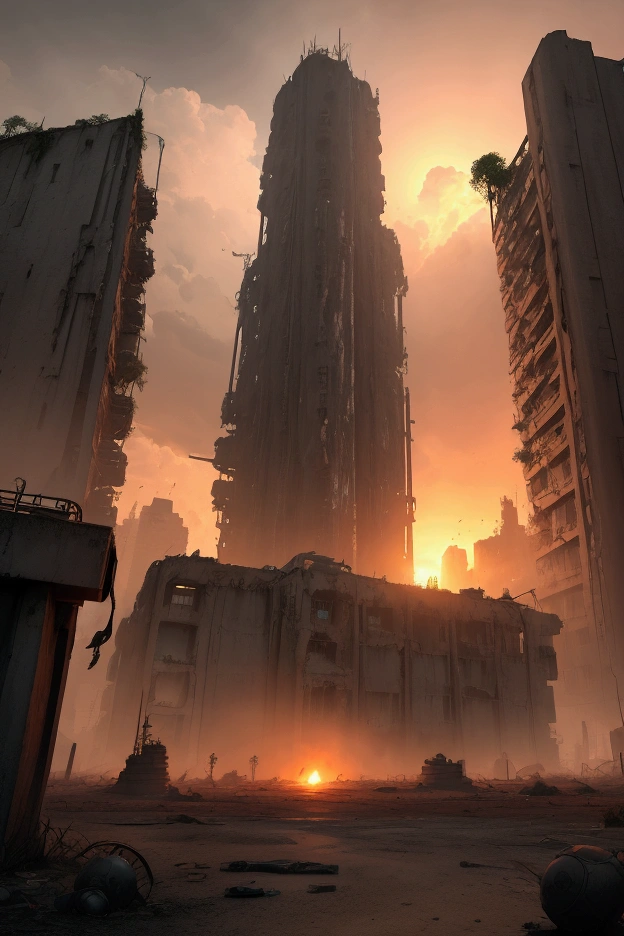 Beautiful, Masterpiece, Best Quality, Create a game environment for a futuristic, war-damaged city where advanced technology and old traditional architecture blend together. The scene should feature destroyed buildings, remnants of high-tech machinery, and elements of fantasy, all mixed with realism. Overgrown nature and damaged rainforests should be reclaiming parts of the city, with dark, dystopian zones indicating drug mafia strongholds and areas affected by nuclear fallout. The climate is a sunrise setting, casting an eerie, warm glow over the scene, creating a dangerous yet captivating atmosphere perfect for a shooting game centered on gang wars, where clans fight for control area by area.