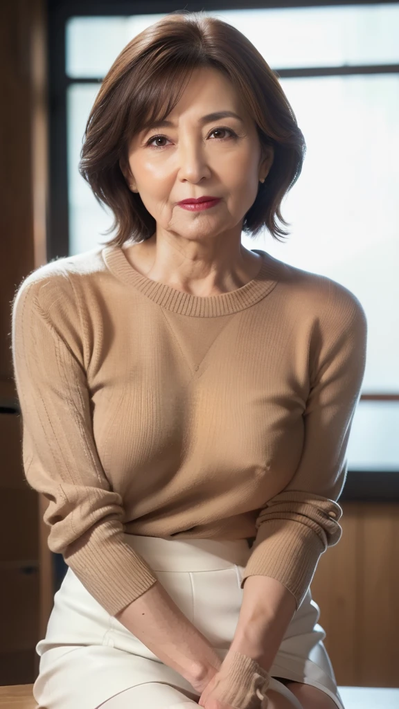 High resolution, High resolution, Attention to detail, masterpiece, Textured skin, Anatomically correct, sharp, ((Japanese Mature, 80 years old)), alone, (Facial wrinkles), Shapely breasts, Brown long hair, bangs,(((Stand upright, Facing the center of the screen.))),Look at the photographer, Open your mouth and stare straight ahead, White sweater, (Tight Skirt:1.4),(Sitting),(Thighs:1.3),In the warehouse,(Serious expression),(old woman),Red lipstick