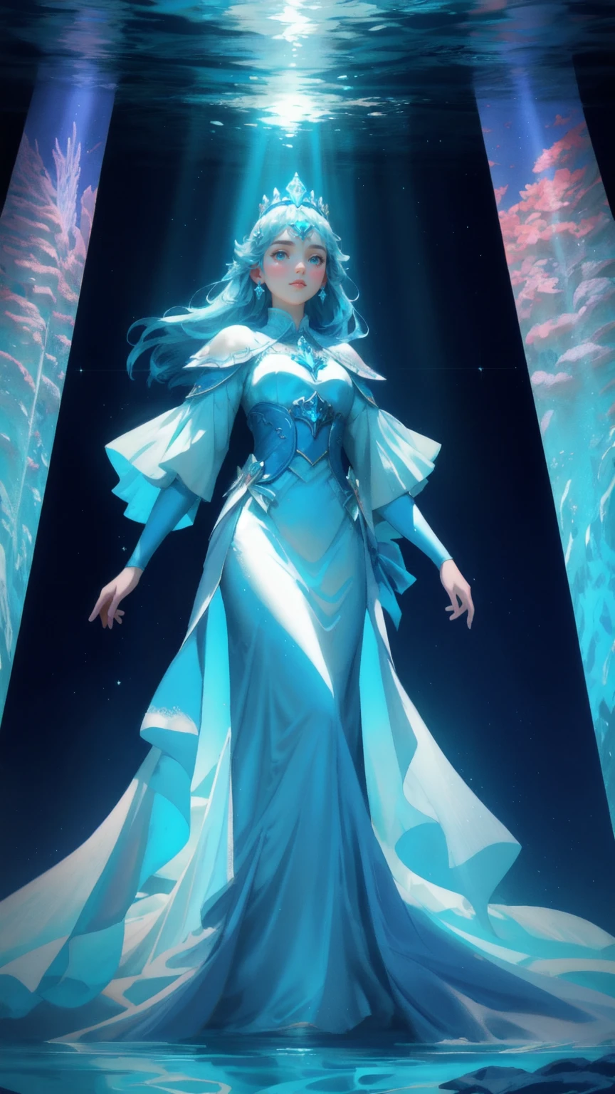 Generate an image in a stunning, blue-hued underwater realm, where a cute girl, adorned with a crown and elegant robes, replaces the towering figure in armor. The girl stands in the center of the scene, enveloped by beams of light streaming down from an otherworldly dome above. Around her, colorful coral reefs flourish, and fish swim gracefully through the pristine waters. The image should blend the mystical and royal elements of an underwater kingdom, capturing the serene yet majestic essence of the scene