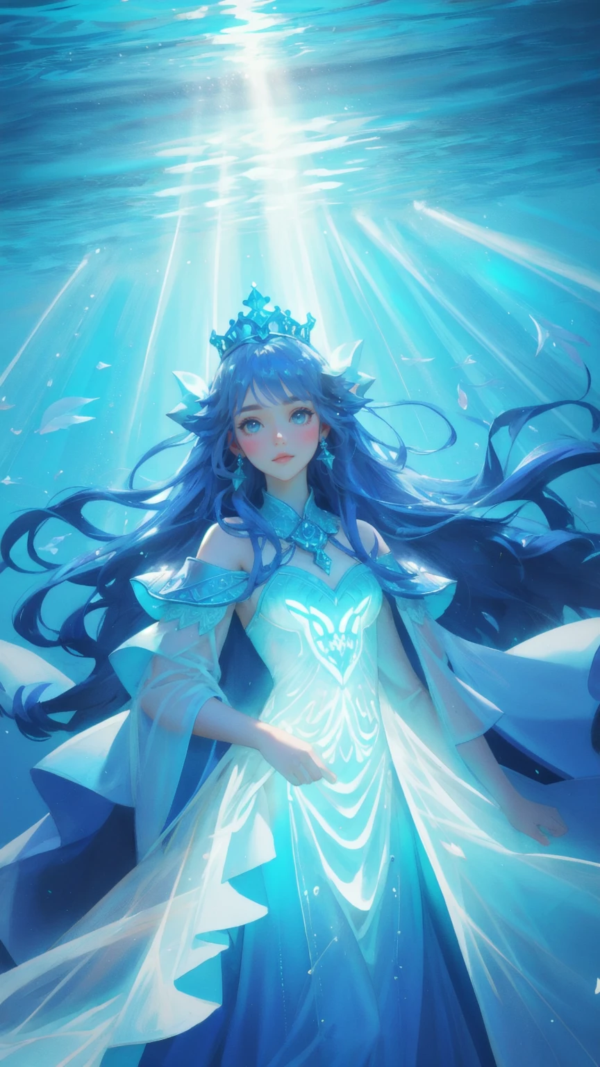 Generate an image in a stunning, blue-hued underwater realm, where a cute girl, adorned with a crown and elegant robes, replaces the towering figure in armor. The girl stands in the center of the scene, enveloped by beams of light streaming down from an otherworldly dome above. Around her, colorful coral reefs flourish, and fish swim gracefully through the pristine waters. The image should blend the mystical and royal elements of an underwater kingdom, capturing the serene yet majestic essence of the scene