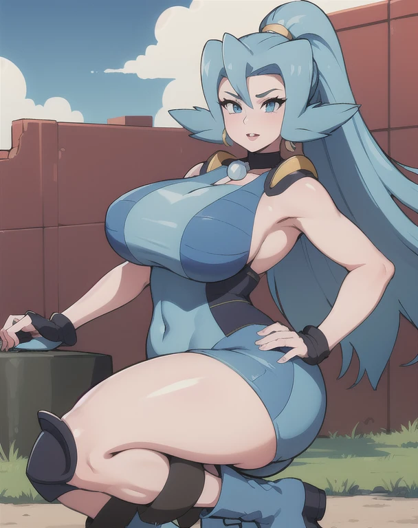 (best quality), (masterpiece), 1 girl, early 20's, huge heavy breasts, busty, perky breasts, thick, thick lips, wide hips, pkmnClair, ponytail, earrings, blue boots