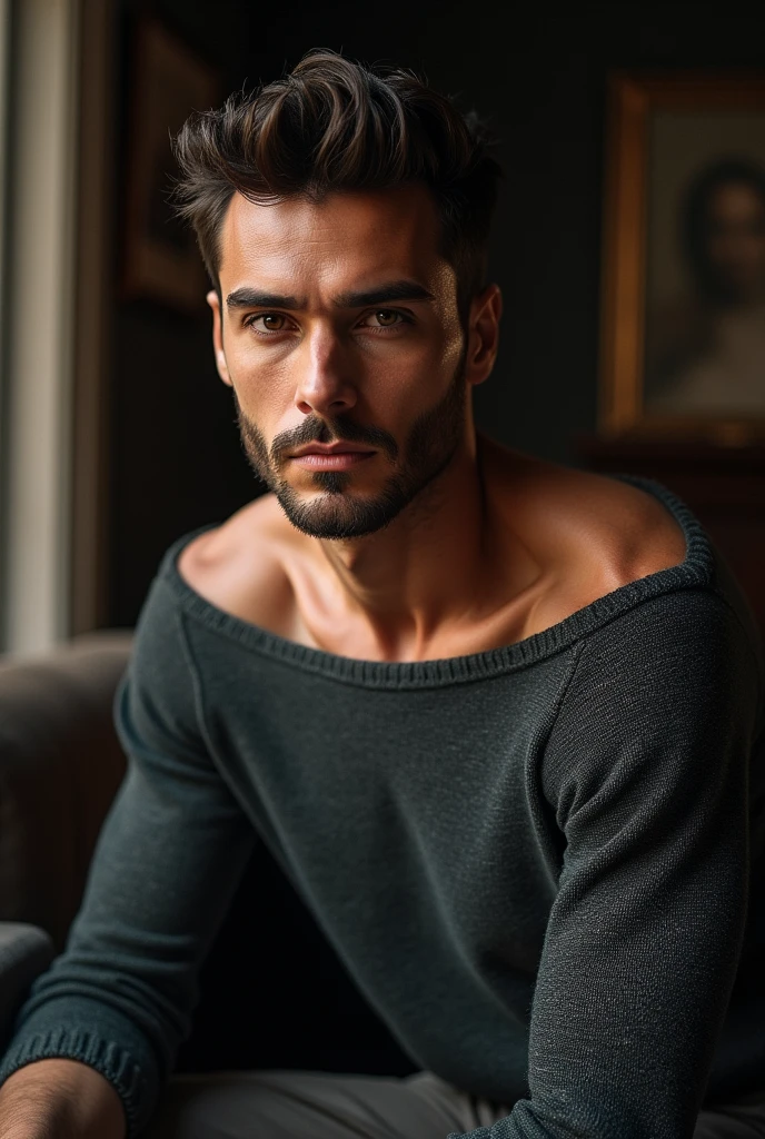 ((best quality)), ((masterpiece)), (detailed), 1 man, off-shoulder sweater, 