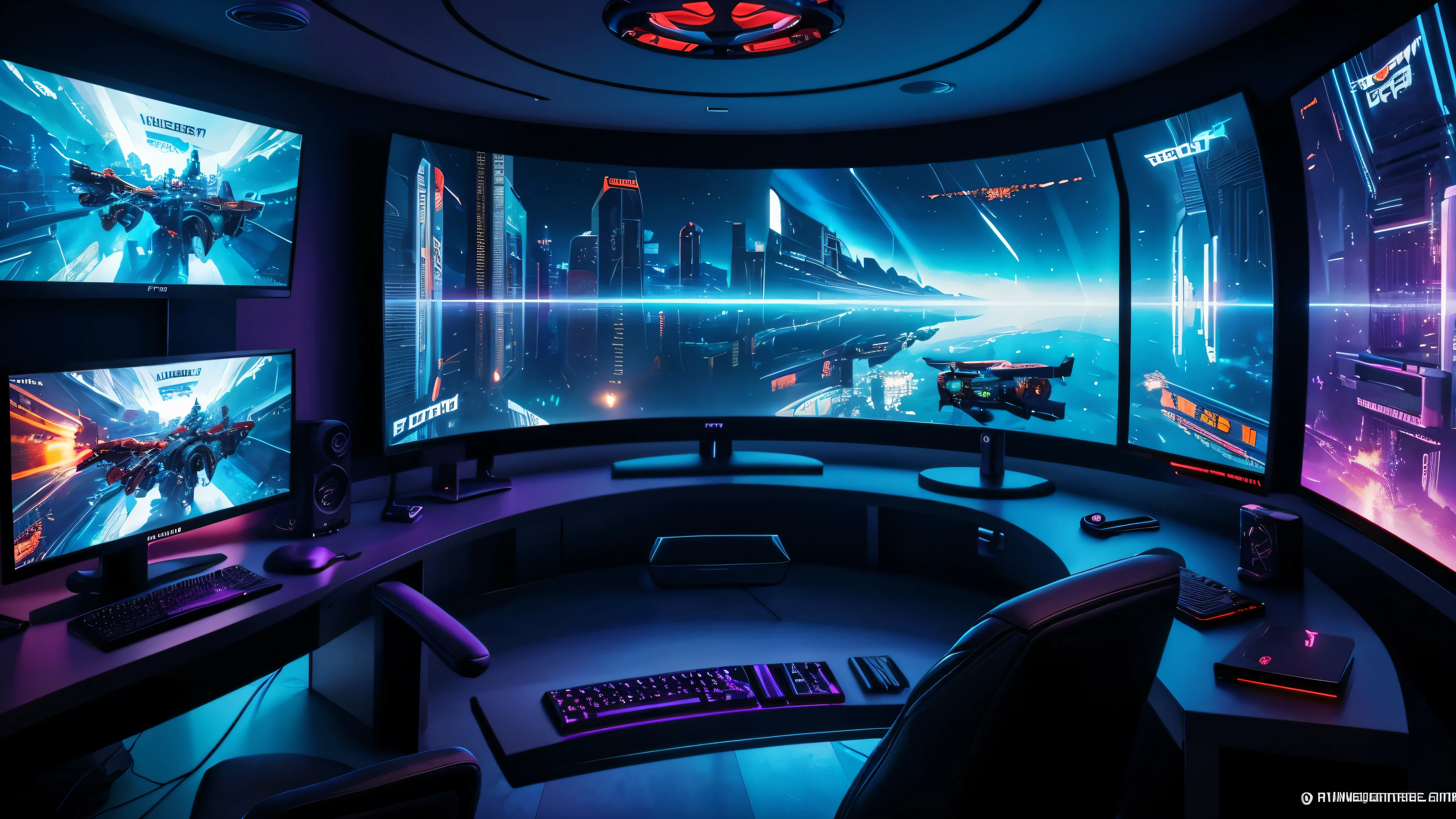 scifi, cyberpunk, futuristic, pc gaming room, hightech, daylight, very cozy, much space, wide angle, a lot of tech, 3 flat curved monitors, monitor ratio 21:9, hightech gaming-chair, monitor size 34 zoll, realistic view, ambient light, chilled ambient, high details, year 2124, cinematic