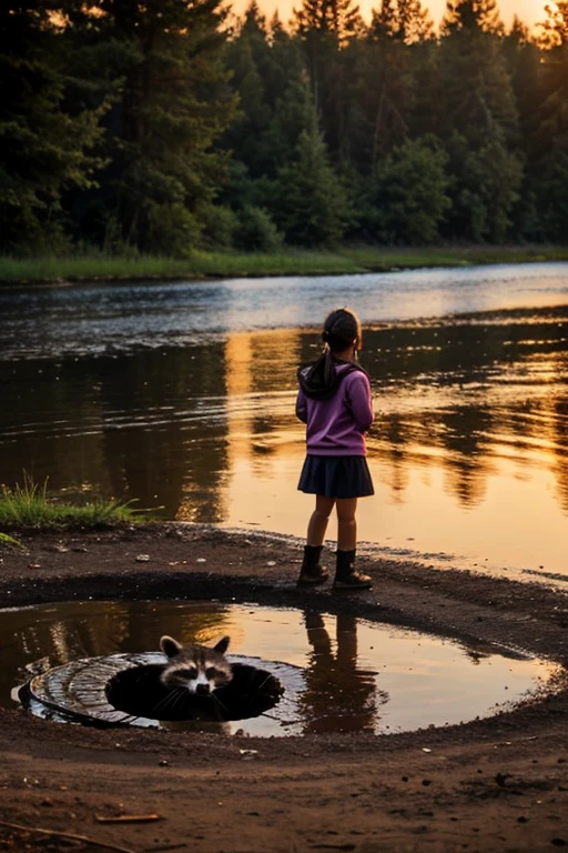 A GIRL LOOKS AT A RACCOON COMING OUT OF ITS HOLE BY THE RIVER NEAR THE FOREST AT DAWN