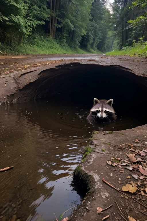 A GIRL LOOKS AT A RACCOON COMING OUT OF ITS HOLE BY THE RIVER NEAR THE FOREST AT DAWN