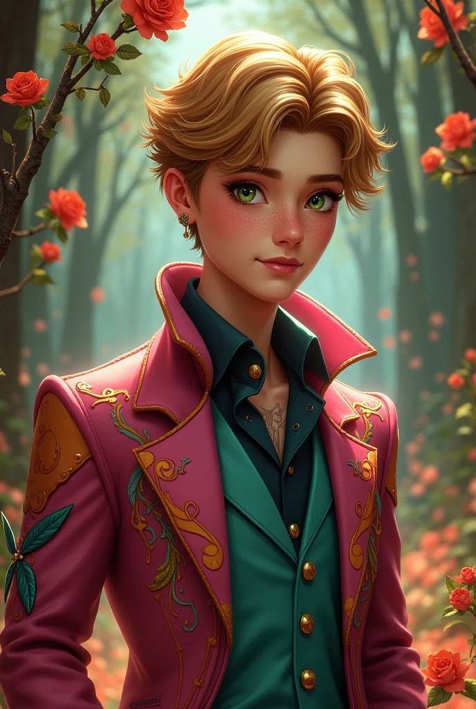 Imagem do filho da Briar Beauty e da Ashlynn Ella de Ever After High: a sexy age boy with golden hair, light brown skin with freckles, greeneyes, dark pink outfit with aqua green and pumpkin and rose elements on the outfit