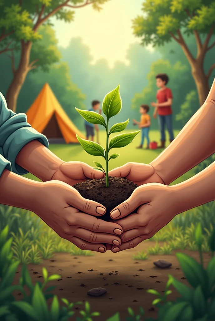 create a design that contains a combination of people replanting the forest and group camping activities with the design focus in the middle of two hands holding tree seedlings