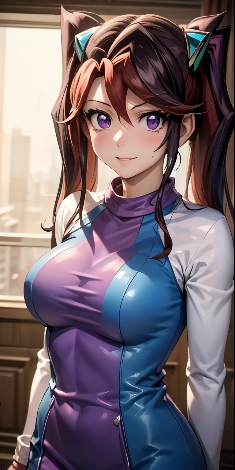 1 Female,High definition,high resolution,Ultra-realistic,8K, 8K, yu-gi-oh! arc-v,
akaba_ray, 1girl, solo, 18 year-old girl, long hair, twintails, purple eyes, long-sleeved shirt, hair ornament, dress, (blue, purple pantyhose, striped legwear:1.2),European,sexy,Upper body close-up,Photographed from the front,Dynamic Angles,(blush), big , happy, wink the eye,facial, sweat,multicolored hair , neon lights, multicolored lights