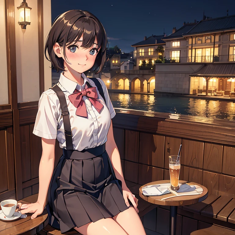 (8k, best quality, masterpiece:1.2), (SFW:1.3), (realistic, photo-realistic:1.37), very detailed, 1 girl,cute, alone,beautiful detailed sky,detailed cafe,night,seat,date,(blush),(laugh:1.1),(closed mouth) medium chest,beautiful and delicate eyes,(collar shirt:1.1), bow tie,pleated skirt,(Short hair:1.2),floating hair