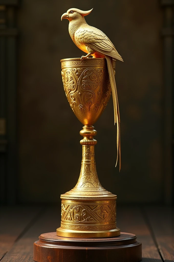 Create a gold trophie with its stump engraved with tribal motifs that features regianna bird of paradise