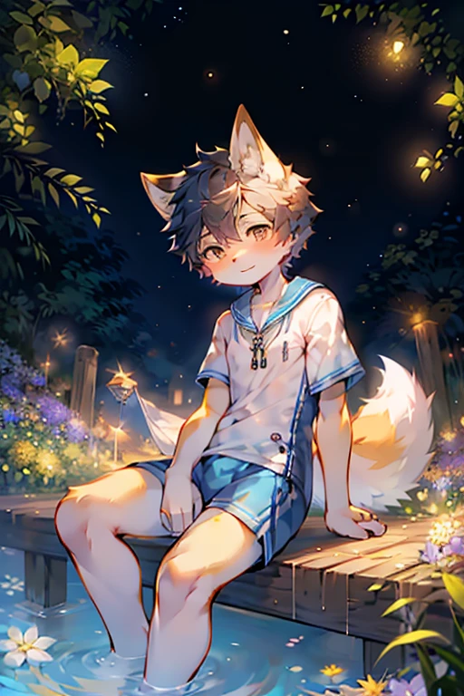Fox Boy,Furry people,Male focus,Characteristics of three-year-old boys,One meter three height,White Arm,Sailor Suit,Sitting among the flowers