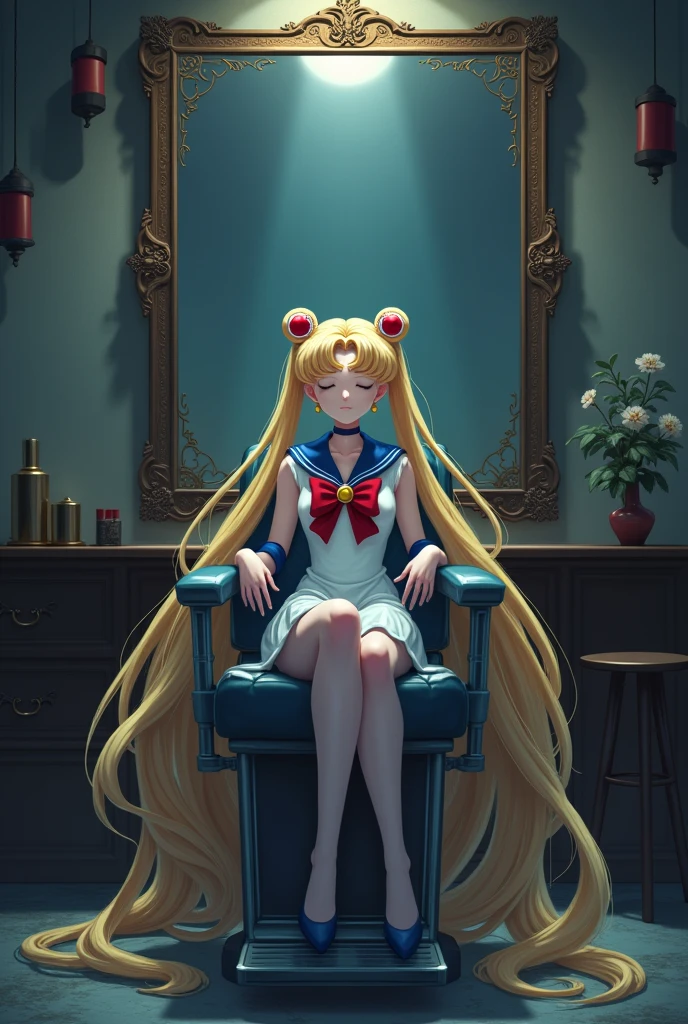 Sailor moon with open long hair , seat in a barber chair front of a mirror