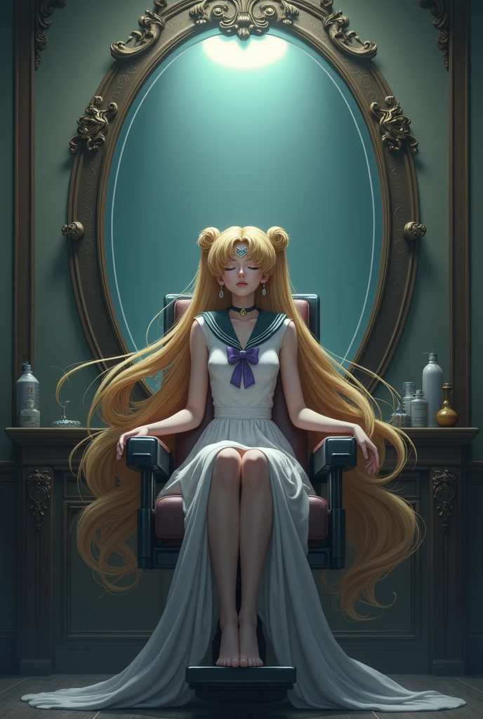Sailor moon with open long hair , seat in a barber chair front of a mirror