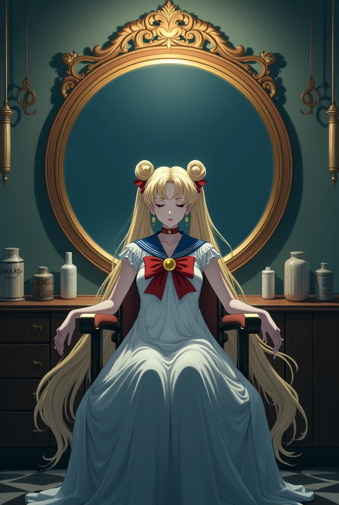 Sailor moon with open long hair , seat in a barber chair front of a mirror