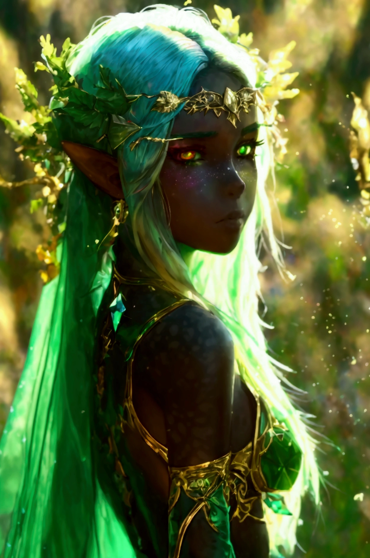 prismatic coloration, holographic environment, young girl, black skin, Beautiful, elven ears, Serious expression, ponytails, leaf green hair, Heterochromia with deep green & Gold eyes, C-cup, lithe, fit, Modest-attire, full-body, slender legs, beautiful eyes, freckles, leaf green eyebrows, Cute butt, (long straight prismatic Demon horns:1.2), wielding magic wand, Battle stance, grassy aura, mystic black-Green cloak with Golden Floral designs