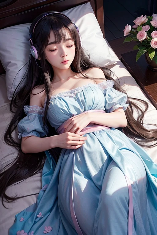 dark。Lights out。Are sleeping。Sleeping with eyes closed。Beautiful young woman listening to music through headphones while lying down、Moonlight。Little Anime。Pink and light blue flowers are scattered throughout。Enchanting rooms。relax。dark美しい部屋。Woman with fair skin。Sparkling。