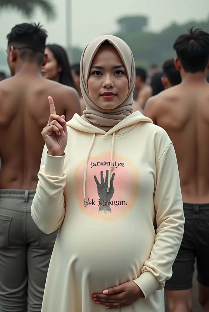 A pregnant hijaber indonesian pretty girl, wearing a cream hoodie with a strong vector design featuring a silhouetted image of a five-fingered palm in pastel colour. The indonesian phrase "JANGAN YA DEK JANGAN" is displayed in bold simple elegand, distressed typography with pastel colours, while holding her long skirt, one-handed pose pointing upwards, in a public place, covered by many naked couples kissing, making love, jav idol, with front shooting angle, very realistic, (complex detail: 0.9), (hdr, hyperdetail: 1.2), RAW, Sony Alpha a9 II, 24-105mm f/4, HDR,