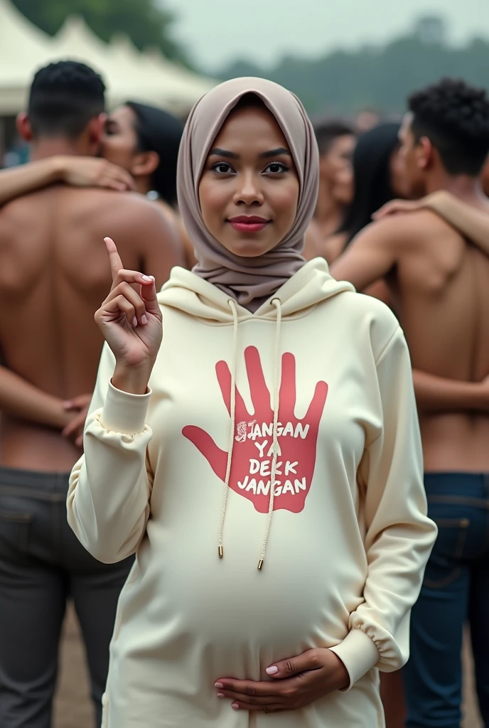 A pregnant hijaber indonesian pretty girl, wearing a cream hoodie with a strong vector design featuring a silhouetted image of a five-fingered palm in pastel colour. The indonesian phrase "JANGAN YA DEK JANGAN" is displayed in bold simple elegand, distressed typography with pastel colours, while holding her long skirt, one-handed pose pointing upwards, in a public place, covered by many naked couples kissing, making love, jav idol, with front shooting angle, very realistic, (complex detail: 0.9), (hdr, hyperdetail: 1.2), RAW, Sony Alpha a9 II, 24-105mm f/4, HDR,