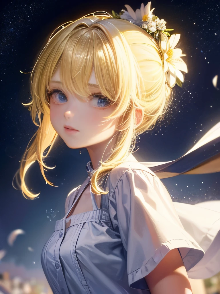 (Highest quality, masterpiece), One person, Pause, particle, Wind, flower, Upper Body, Simple Background, Looking at the audience, blonde, milky way, beautiful