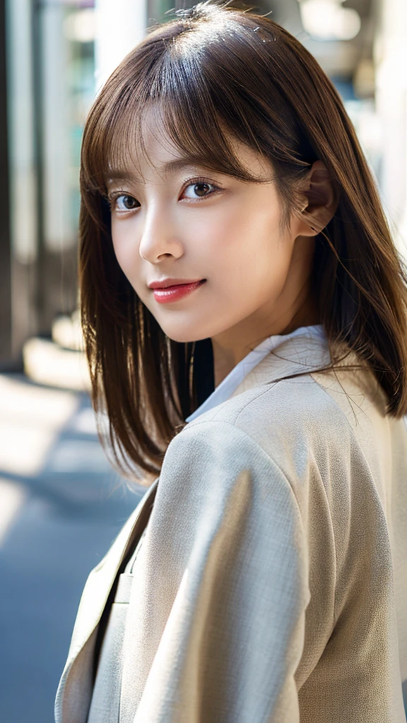 (8k, highest quality, masterpiece: 1.2), Super detailed, highest quality, Ultra-high resolution, Depth of written boundary,(Super detailedな,Caustics),(Photorealistic:1.4,RAW shooting,)Ultra-Realistic Capture,(Very detailed,High definition 16K for human skin,The skin texture is natural,Skin appears even-toned and healthy),(Use natural light and colour,One Woman Wide Lighting,Natural Shading),Japanese,1 woman, Beautiful Eyes, Short, Brown hair, Showing forehead, Mature hairstyle, **White business suit, Facing forward, Upper body facing forward**, Office wear, Office environment, (Natural light:1.4)
