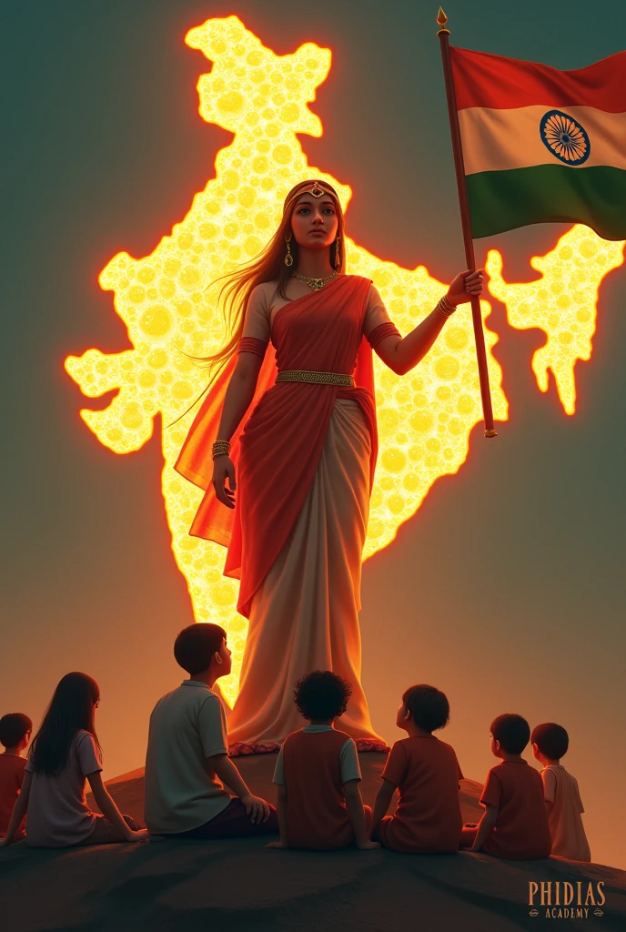I want to create a picture of Indian map with bright light in which Bharat Mata is shown with flag in her hand and she has put her hand on the heads of kids of different religion in a very harmonious way. On side cornor show logo of the phidias academy YouTube logo channel