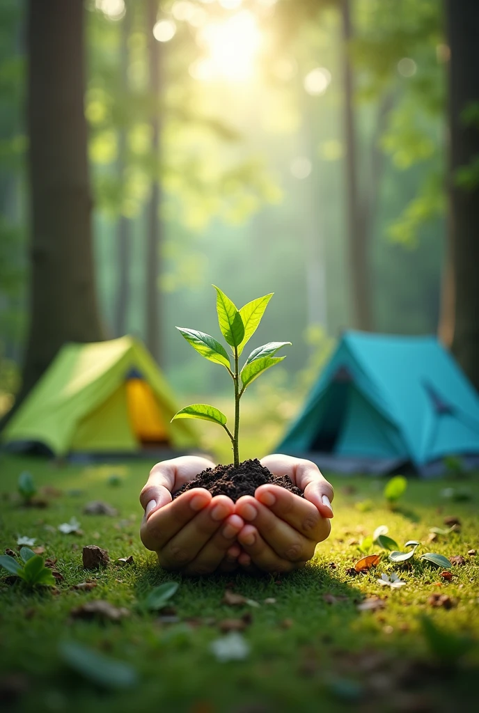 create a poster design that contains a group camping activity with lots of tents in the forest without people, just tents with the focus in the middle and bottom, two hands holding tree seedlings on the ground