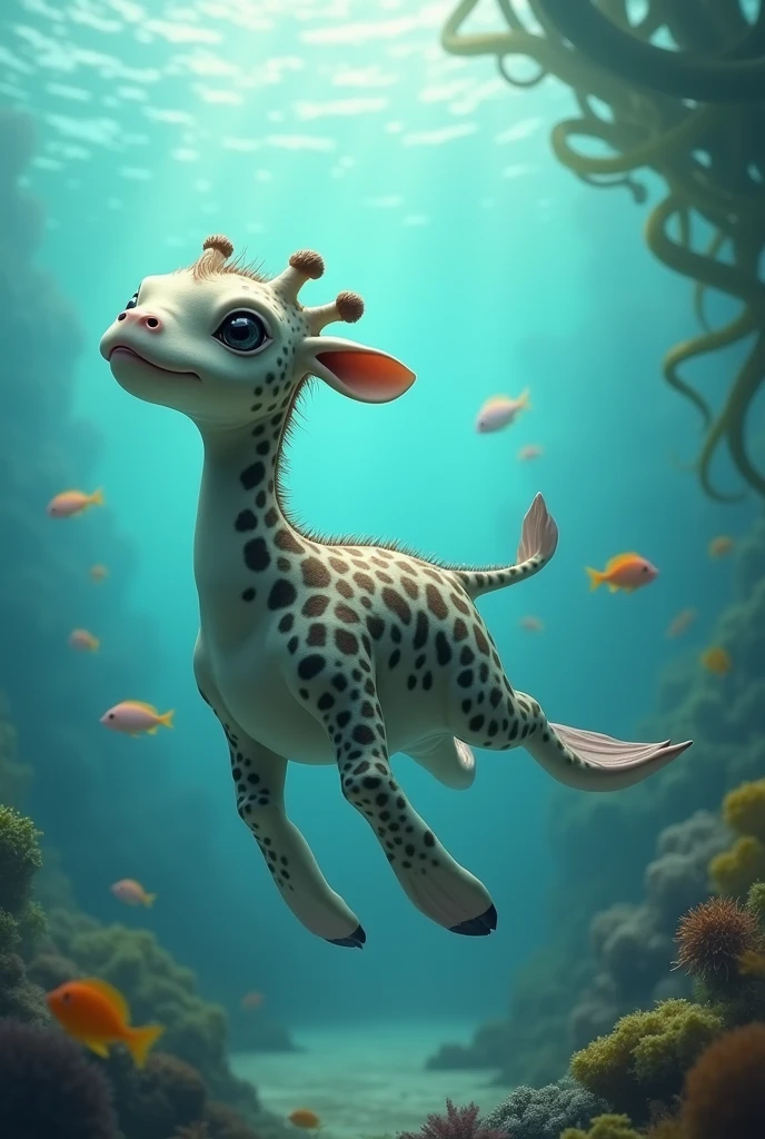 A baby of a giraffe and a whale