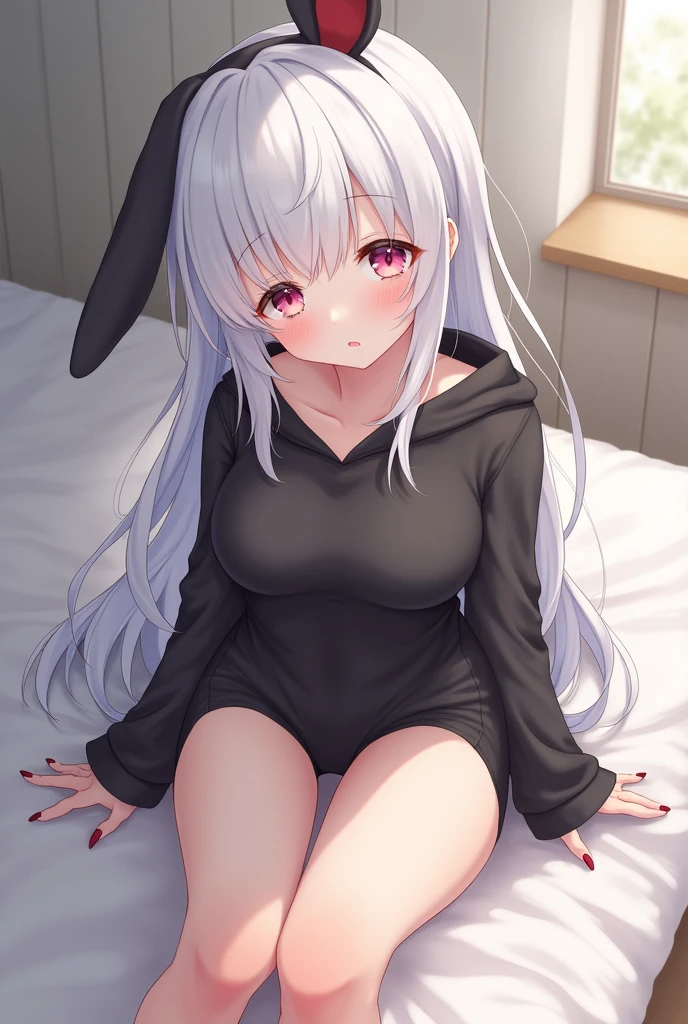 masutepiece, of the highest quality, hyper HD, max res, Very detailed, Clean skin, Anime, full body,, Slender, Very cute, , Red eyes, semi long hair, Silver hair, Braided hair, lying down, Wide open legs, Raised Legs, White costume, Rabbit ears, Bunny Girl, half-shedding clothes, Half flows down, Wet clothes, Light-skinned clothing, Clothes visible at the tip of the chest, Sweat, Light clothes, clothes with a see-through tummy, underbust, Embarrassed, Blushing, show off pubic area, cleavage, Crotch showing through, Areola showing through, pubic area is open, Pubic Area Showing, Vaginal imaging, breasts out, cum shots