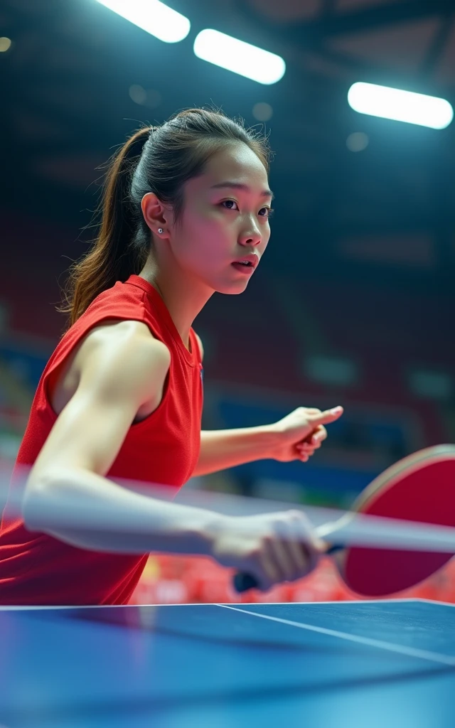 Chinese female table tennis players,full-body shot,Panoramic vistas,Wide-angle lens,18-year-old beauty,Fair skin,Charming,beauty,cute,Bright Lights,Powerful Smash,The competition is intense and exciting,Olympic Games finals as background