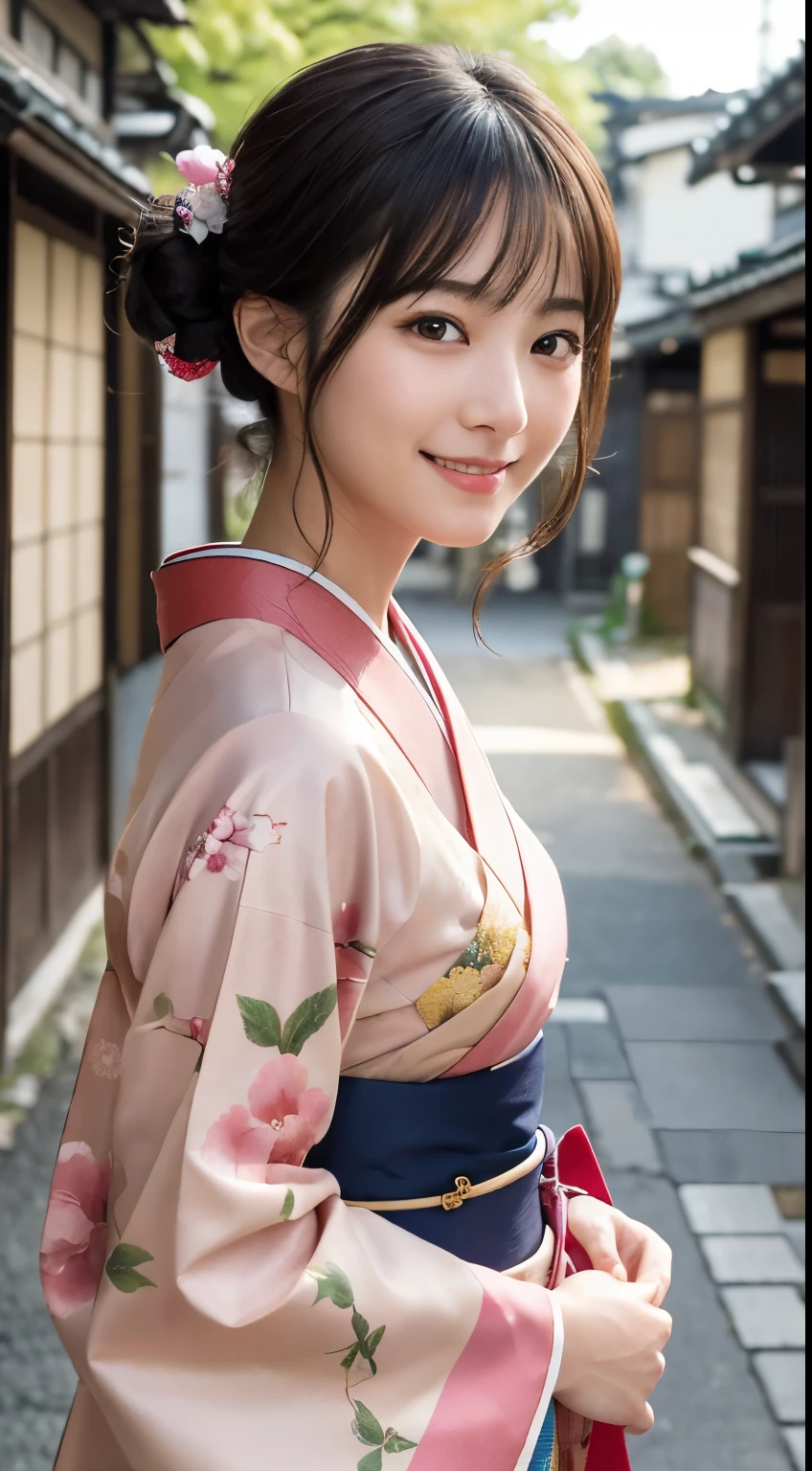Professional Lighting,(Photorealistic:1.4), (Top image quality:1.0), (超High resolution:1.0), 8k, Raw photography, (masterpiece:0.2), (Facing the children_v1:0.5)、(最高quality Detail:1.2)、Realistic、8k UHD、High resolution、(1 person:1.2)、超detailedな、High quality textures、複雑なdetailed、detailed、Very detailed CG、High quality shadows、detailed 美しく繊細な顔、Beautiful details and a delicate eye、(Symmetrical eyes:1.2),Written boundary depth、Ray Tracing,1 person, Japanese, (Natural smile:1.4),cute, thin, Portrait of a beautiful Japanese woman in a kimono, Standing elegantly on a street corner in Kyoto. Kimono with vibrant traditional patterns, Hair decorated with elegant and delicate hairpins, Gentle expression. (With the old streets of Kyoto in the background:1.4)、The soft light of a spring afternoon、Adding tranquility to the scene. Rendered in a Realistic style with great attention to detail, High resolutionの画像.Sky Porn, Magic Hour, (Realistic:1.3), finely, quality, (Tabletop:1.2), (Realistic:1.2), (最高quality), (複雑なdetailed), dramatic, Ray Tracing, photograph, +roller