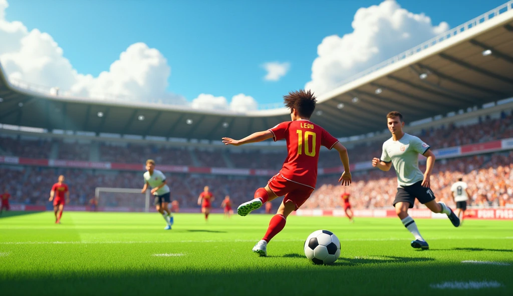 /imagine prompt: Realistic, bright and clear day at a well-maintained green soccer field, surrounded by cheering fans in a small stadium. A 15-year-old boy, wearing a red jersey with the number 10, con scritto sopra al numero 10 il nome: Leon, dribbles past defenders with impressive skill and scores a spectacular goal. His teammates lift him in celebration, but his eyes reveal a hint of melancholy amidst the joy. The crowd’s excitement contrasts with the boy's introspective moment: Unreal Engine, hyper-realistic —ar 16:9
