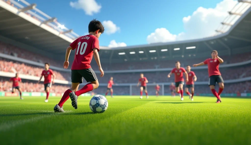 /imagine prompt: Realistic, bright and clear day at a well-maintained green soccer field, surrounded by cheering fans in a small stadium. A 15-year-old boy, wearing a red jersey with the number 10, con scritto sopra al numero 10 il nome: Leon, dribbles past defenders with impressive skill and scores a spectacular goal. His teammates lift him in celebration, but his eyes reveal a hint of melancholy amidst the joy. The crowd’s excitement contrasts with the boy's introspective moment: Unreal Engine, hyper-realistic —ar 16:9