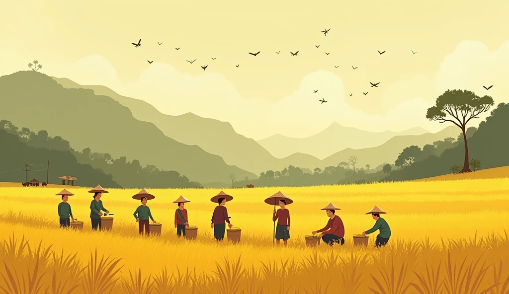 Vietnamese, morning, golden rice fields, a group of people harvesting rice, a group of people sitting resting and drinking tea in the style of minimalist cartooning, cartoonish character design, hieratic visionary, figura serpentinata, bioluminescence, bill watterson