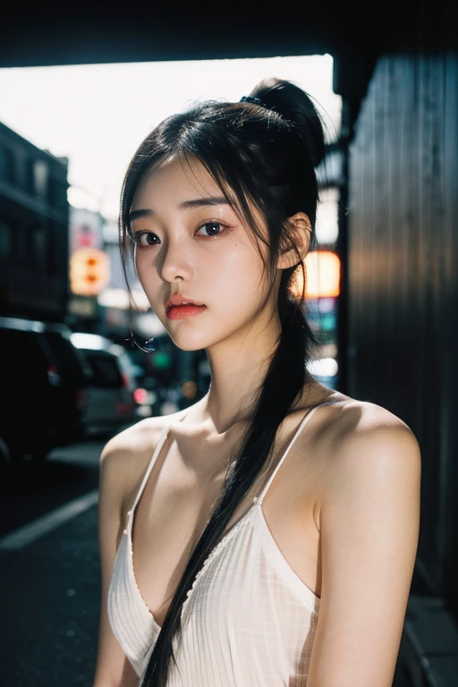 (22 year old Japanese beautiful girl,Thin eyebrows), (Small breasts,:1.5,),(solo,Textured skin, High detail, Highest quality, Super detailed, Surrealism, realism,8k,RAW Photos,Professional Lighting,),(((Black Hair, Natural Makeup,Low ponytail))),((Neon Light,Street,Cool Dresses))