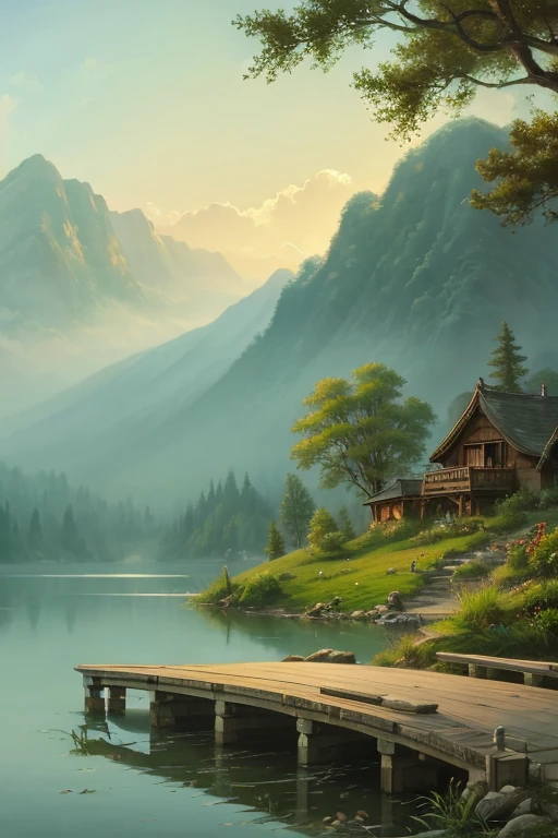 Highest quality、Landscape painting、Tranquil lakeside scenery、Foggy、dim