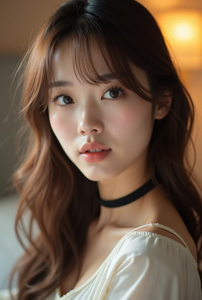 Highest quality, Bright interior,Japanese Idols, Straight Long Hair、bangs、Award-winning photo, Very detailed, Edge Orgasm, Face Focus, (Woman with open mouth and closed eyes ), 18-year-old、Brown Hair、 News anchor、Glowing Skin、Bedroom, Black choker、Upper body close-up,From below、Realistic nostrils、Browsing Caution,Shortcuts、Big Breasts