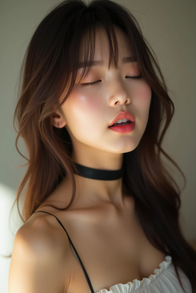 Highest quality, Bright interior,Japanese Idols, Straight Long Hair、bangs、Award-winning photo, Very detailed, Edge Orgasm, Face Focus, (Woman with open mouth and closed eyes ), 18-year-old、Brown Hair、 News anchor、Glowing Skin、Bedroom, Black choker、Upper body close-up,From below、Realistic nostrils、Browsing Caution,Shortcuts、Big Breasts