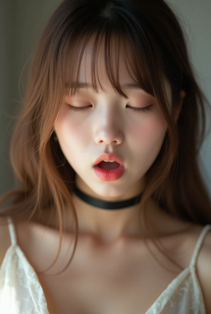 Highest quality, Bright interior,Japanese Idols, Straight Long Hair、bangs、Award-winning photo, Very detailed, Edge Orgasm, Face Focus, (Woman with open mouth and closed eyes ), 18-year-old、Brown Hair、 News anchor、Glowing Skin、Bedroom, Black choker、Upper body close-up,From below、Realistic nostrils、Browsing Caution,Shortcuts、Big Breasts