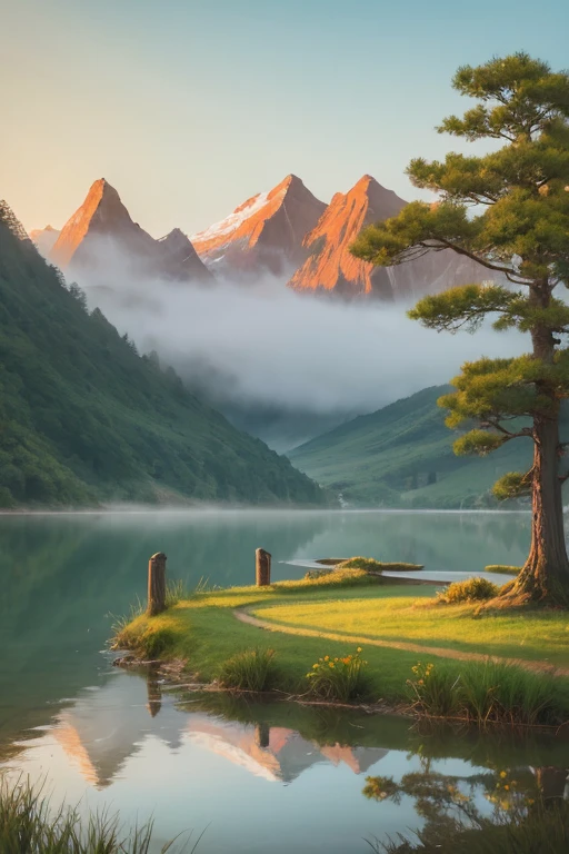 Highest quality、Landscape painting、Tranquil lakeside scenery、Foggy、dim