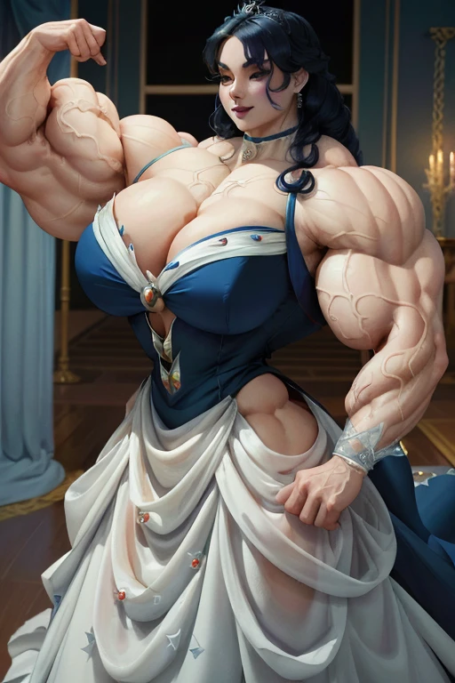 ((Close-up)), tall, (royal blue hair) beautiful muscular asian woman, long curly wavy hair, pale white skinned, (closed smile), large breast, (black lipstick), (massive muscles), (hyper muscle), (ginormous bulky muscles), white eyes, ((((beautiful long royal blue Cinderella dress)))), blue bracelets, choker, high heels, (flexing biceps), in a ballroom, at night, 