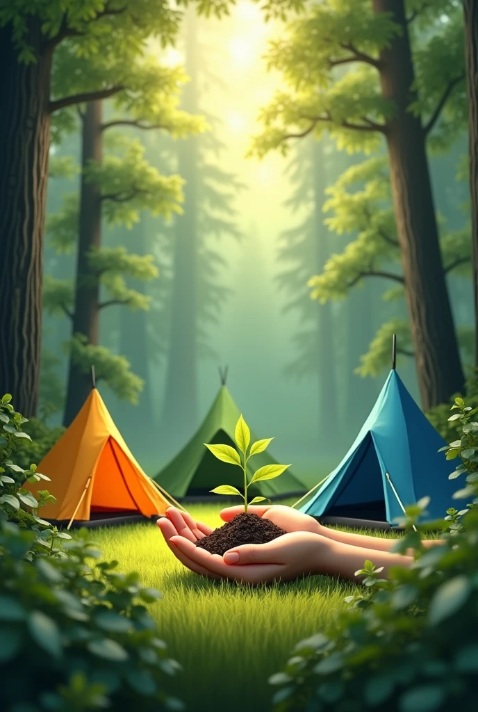 create a design that contains 3 team camping tents with the theme of reforestation with the design focus in the middle of two hands holding a tree seedling