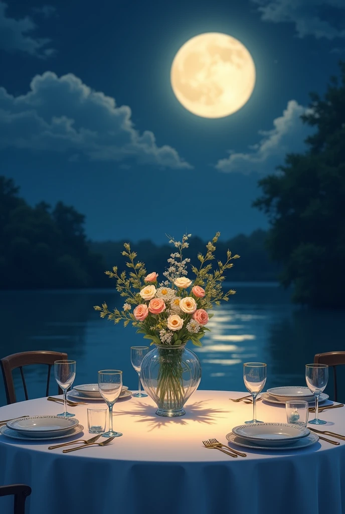 a dinner table and 2 hairs in front with flower vase on top of it. The day is night with the full moon present. Horizontal image.