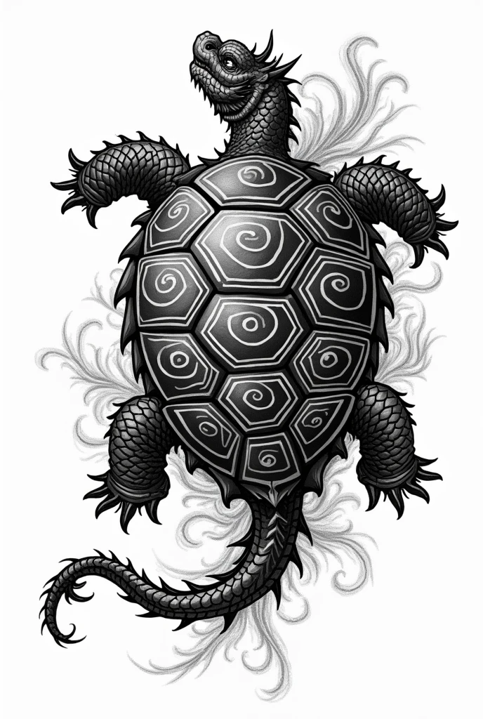 Chinese style tattoo of a dragonic black Tortoise with doodle like drawing facing northeast while its beautiful shell is shown