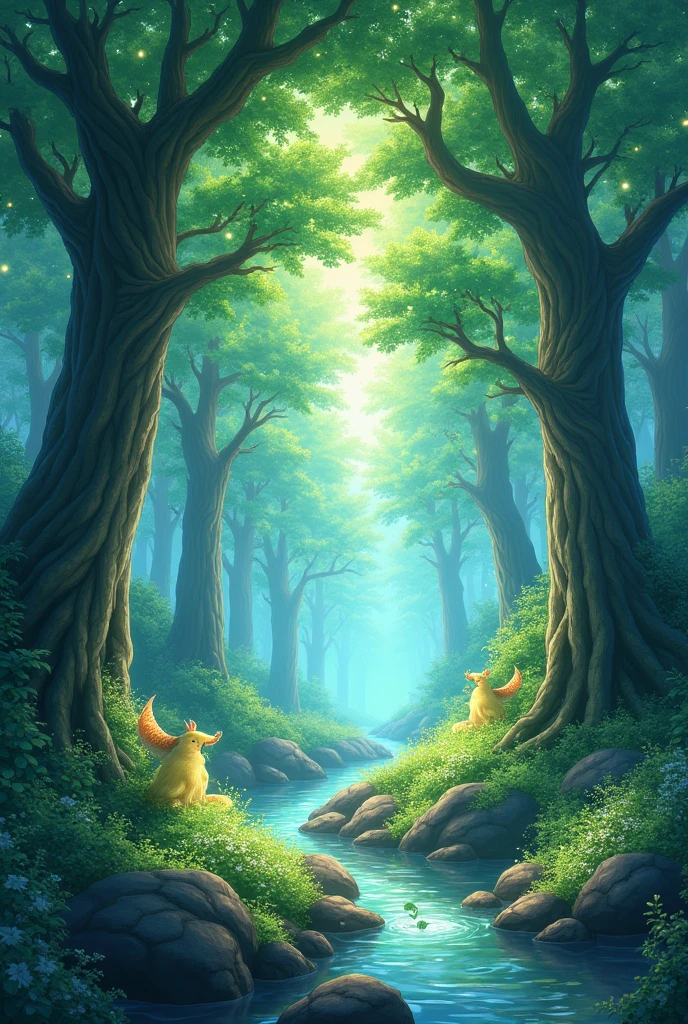 imagine prompt: Viral anime nature wallpaper in 4K quality, in the style of digital illustration inspired by Hayao Miyazaki, featuring a serene forest with towering ancient trees, dappled sunlight filtering through the leaves, a gentle stream flowing through the scene, and mystical creatures peeking from behind the foliage; vibrant and warm color temperature, cosmos lighting with stars twinkling in the sky, no human characters, the atmosphere is tranquil and enchanting --v 5 --stylize 1000