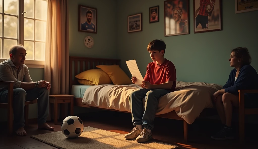 /imagine prompt: Realistic, dimly lit small bedroom with warm, soft lighting. A 15-year-old boy sits on a simple bed, holding an invitation letter from a prestigious soccer academy. The walls are decorated with posters of famous soccer players, and a worn-out soccer ball lies at the foot of the bed. His parents, sitting nearby on old wooden chairs, look on with worry and deep thought. The scene captures a moment of reflection and decision: Unreal Engine, hyper-realistic —ar 16:9