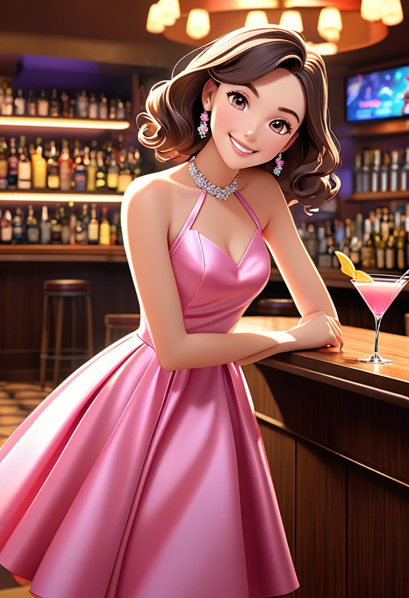 A stunning woman in the style of cartoon 3D render Pixar animation Pixar sit on a stood in bar counter. She is wearing pink satin coctail dress, shoulder, spontaneous smile and cute natural dimples. Dynamic posing. The background includes typical elements of a fine bar counter view. The scene is vibrant and elegant, focusing on women's features, and clothing. Perfect face, with high definition, detailed depiction, wide-angle lens, soft lighting, static movements,lively expressions,and cheerful emotions