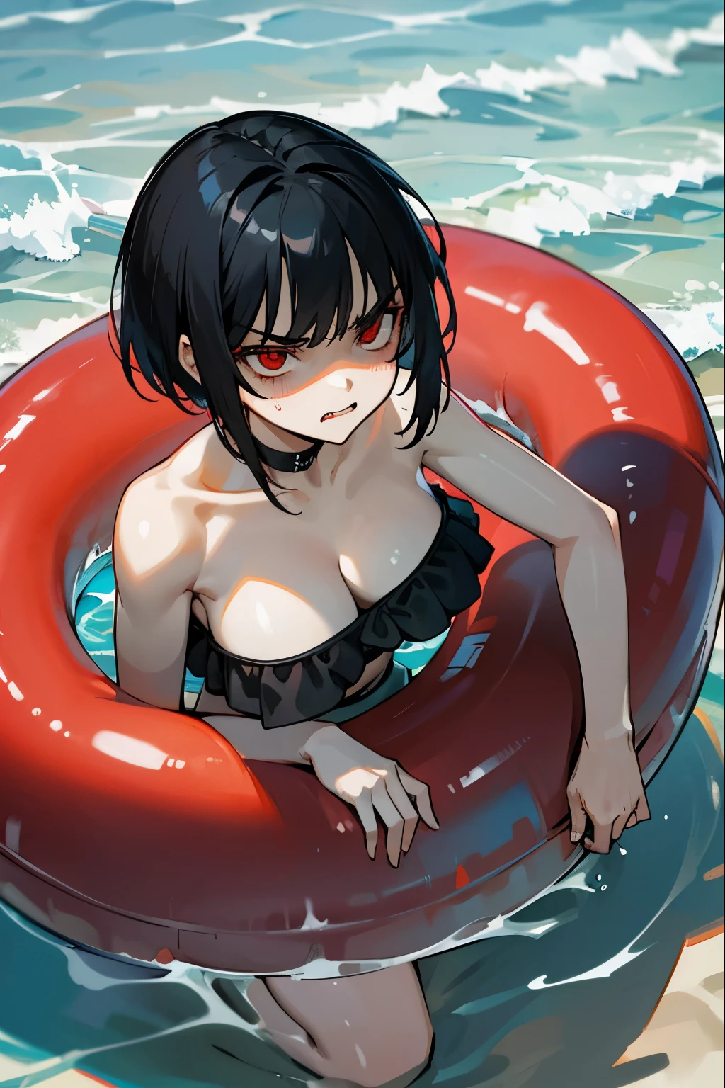 My sister has short black hair, red eyes, wearing a black bikini, angry face, at the beach, cute, big breasts, beautiful, has abs, focus on the face, wearing a swimming float.