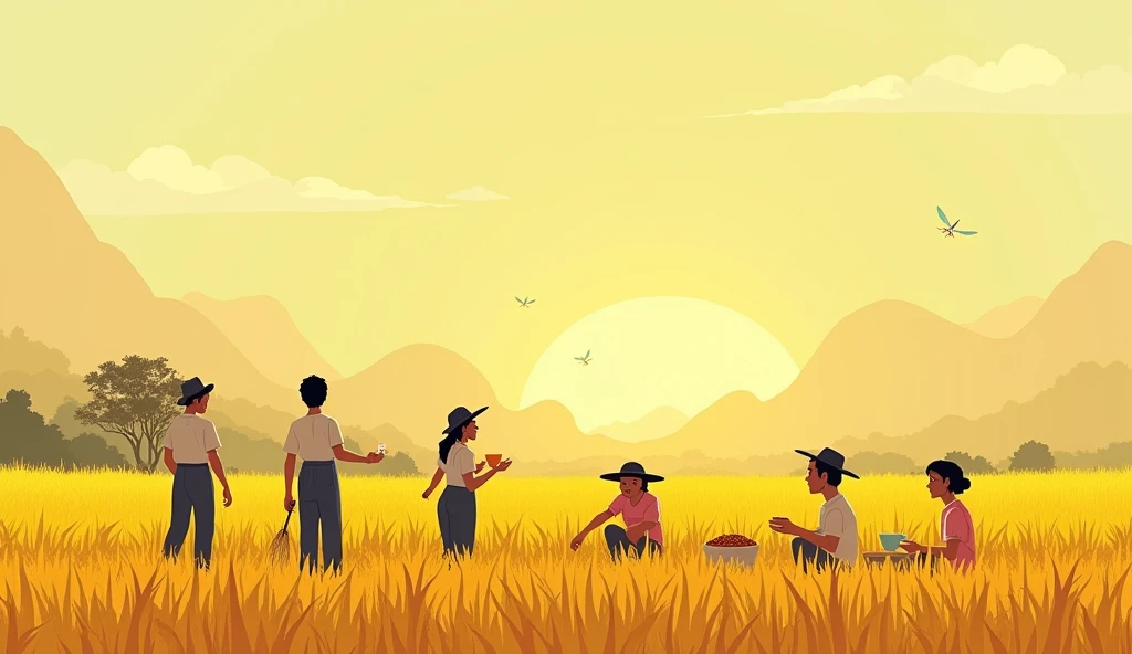 Vietnamese, morning, golden rice fields, a group of people harvesting rice, a group of people sitting resting and drinking tea in the style of minimalist cartooning, cartoonish character design, hieratic visionary, figura serpentinata, bioluminescence, bill watterson