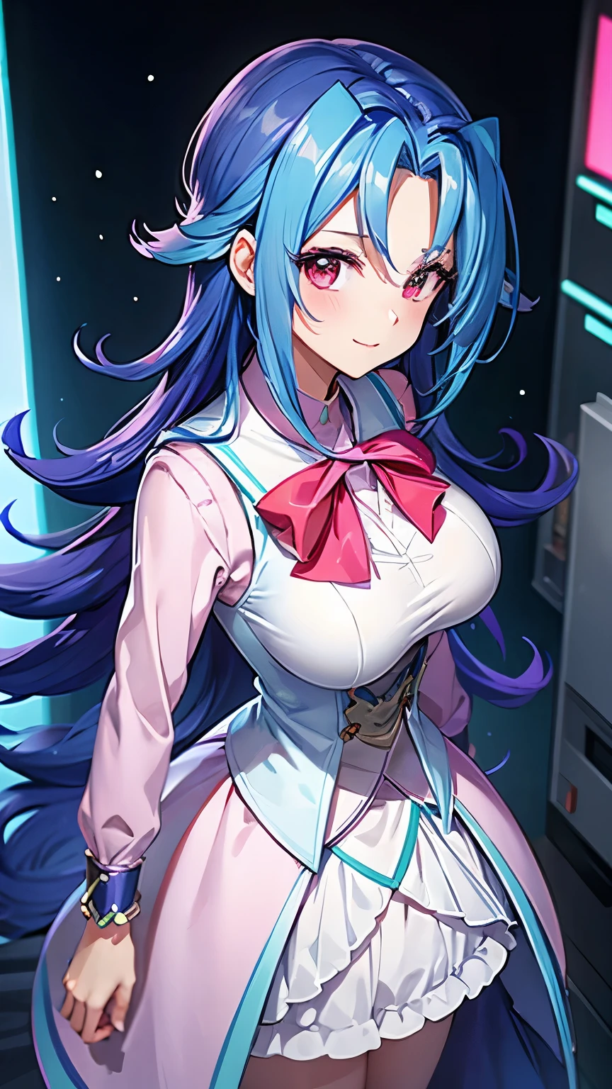 masterpiece, best quality, highres, kr1, multicolored hair, dyed bangs, long sleeves, bow, pink dress, white vest, white skirt,smile,big tits  ,looking at viewer,top view,(standing), bracelet, Cyber city,green neon lights,((perfect face)),perfect body, perfect , high definition,blush,((upper body)),big tits