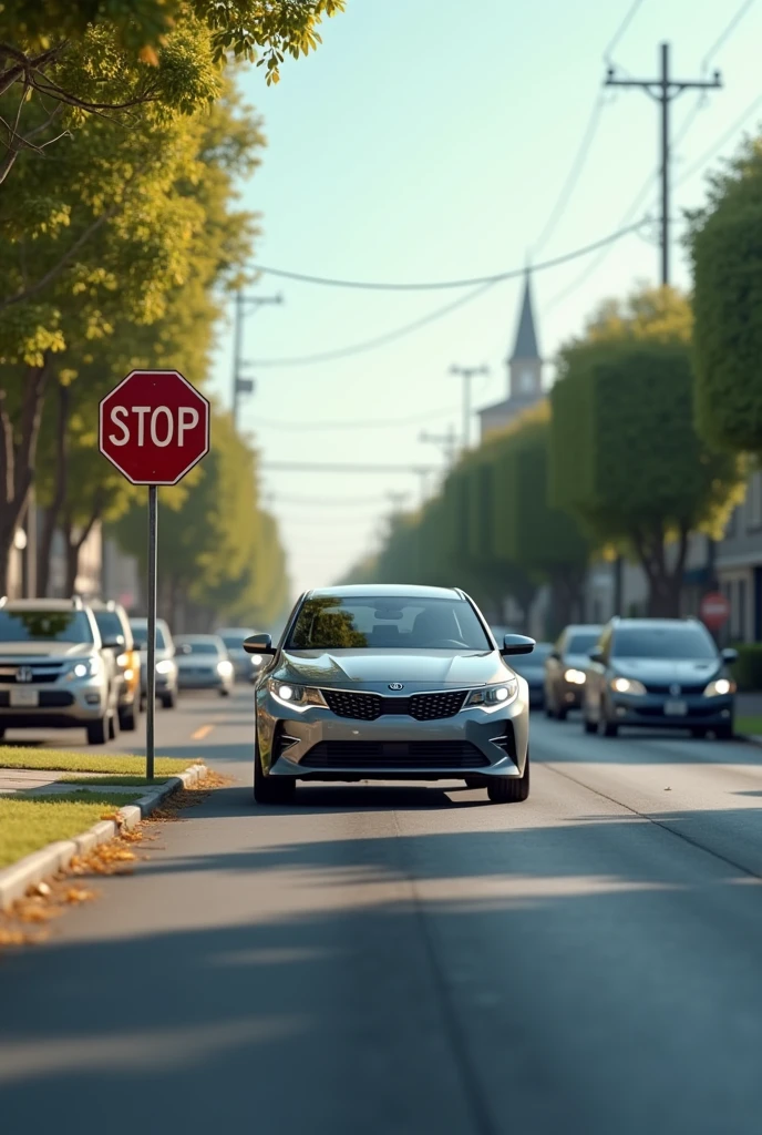 a car stopping because of a stop sign